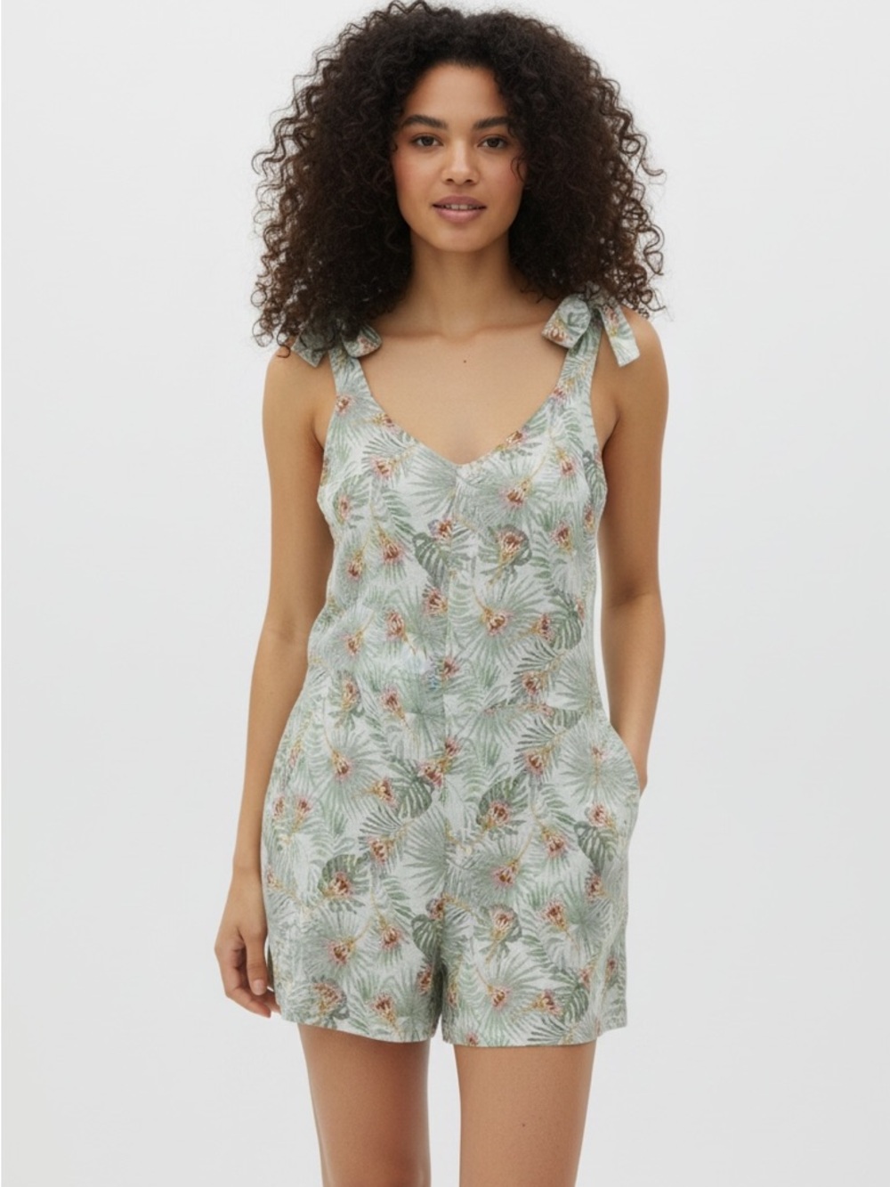 FRANCESCA Bettini shortall 100% linen Italy floral safari Large ecru green pink